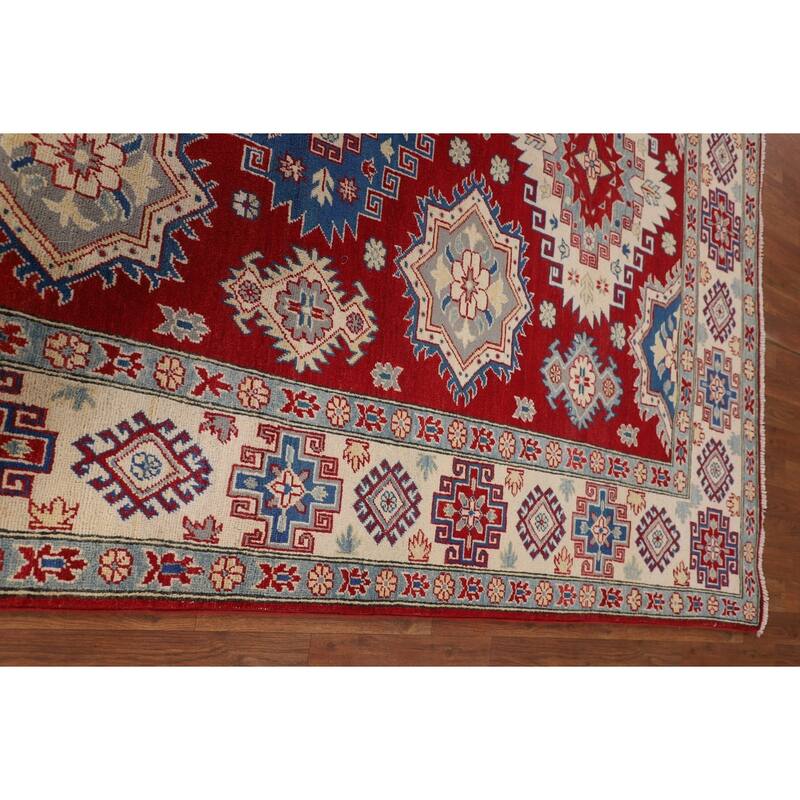 Red Geometric Kazak Rug Hand-Knotted Living Room Wool Carpet - 6'9" x 9'6"