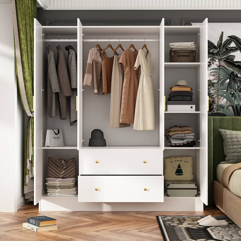 Wardrobe Armoire Wooden Closet with Mirror Storage Cubes Hanging Rod