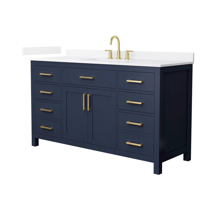 Wyndham Collection WCG2424-60S-QTZ-US3MXX Beckett 60" Free Standing - Dark Blue / White Quartz Top / Brushed Gold