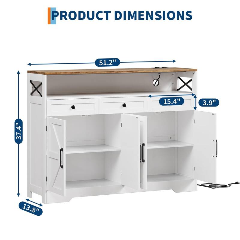 51" Modern Farmhouse Sideboard Buffet Cabinet with Storage, Wood Buffet Storage Cabinet with Charging Station