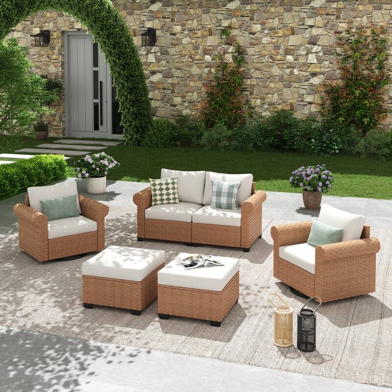 Outdoor 5-Piece Garden Patio Sofa Set with Swivel Chair - Beige