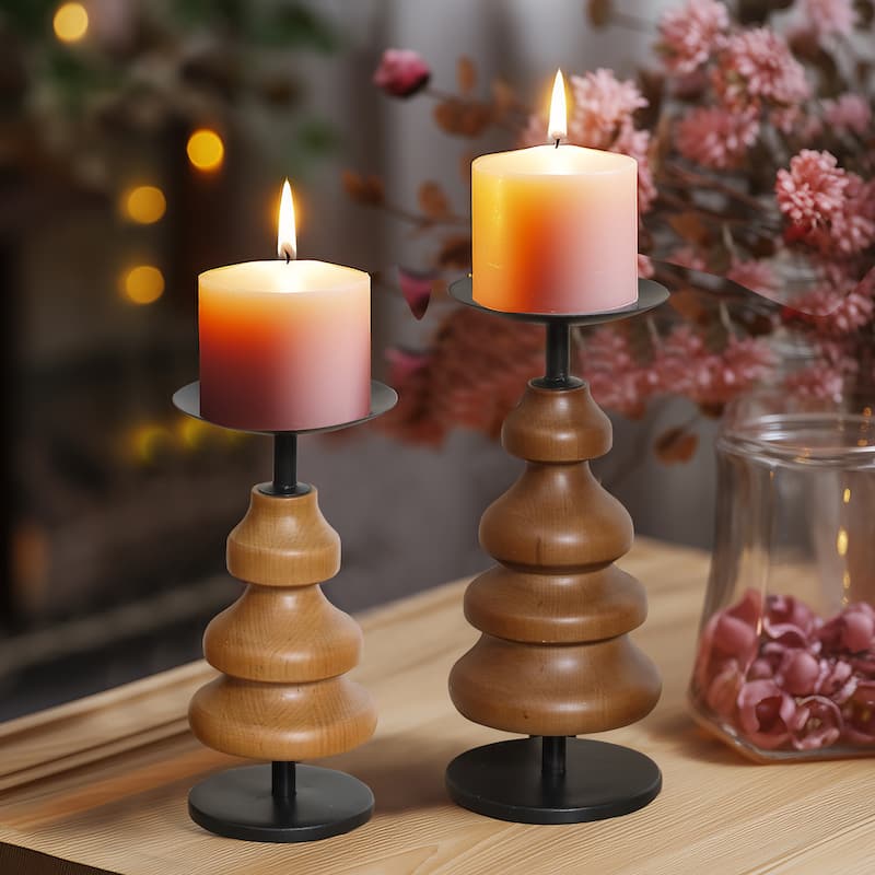 2-Piece Birch Wood with Metal Pillar Candle Holder Set