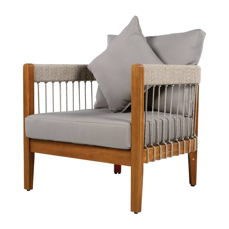 Acacia Wood Outdoor Club Chair with Handwoven Rope & Curved Back, Water-Resistant Patio Lounge Chair with Removable Cushions