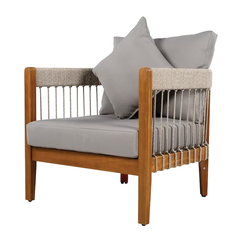 Acacia Wood Outdoor Club Chair with Handwoven Rope Accents & Curved Backrest - Water-Resistant Boho Patio Lounge Chair
