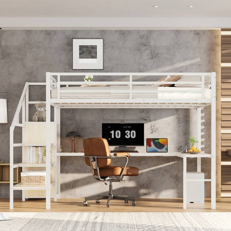 Metal Loft Bed with Stairs Built-in Storage Shelves and Wardrobe, High Loft Bed Frame with L-shaped Desk, USB and LED - White - Queen