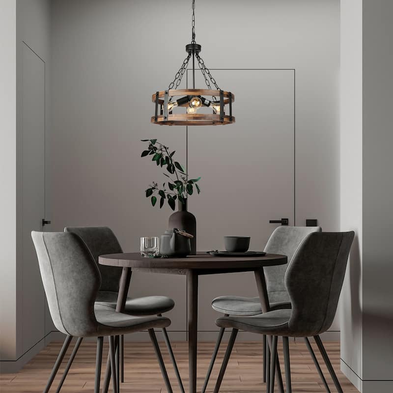 Anmytek Farmhouse Rustic Wood Chandelier 4-Light Drum Chandelier for Dining Room Pendant Hanging Light Fixture