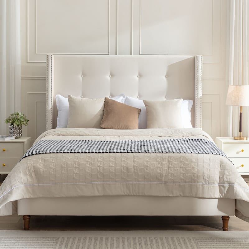 Queen Bed with 54inch High Headboard, Velvet Upholstery, Nailhead Trim, and Walnut Wood Feet - Ivory