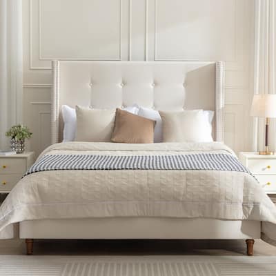 Queen Size Upholstered Wingback Bed with Tufted Headboard and Nailhead Trim