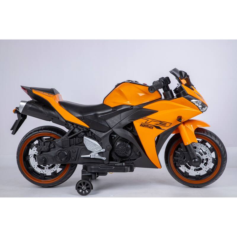 Orange Electric Car for Kids with Training Wheels, Electric Motorcycle Toy with Charge Display, Battery Powered Electric Car