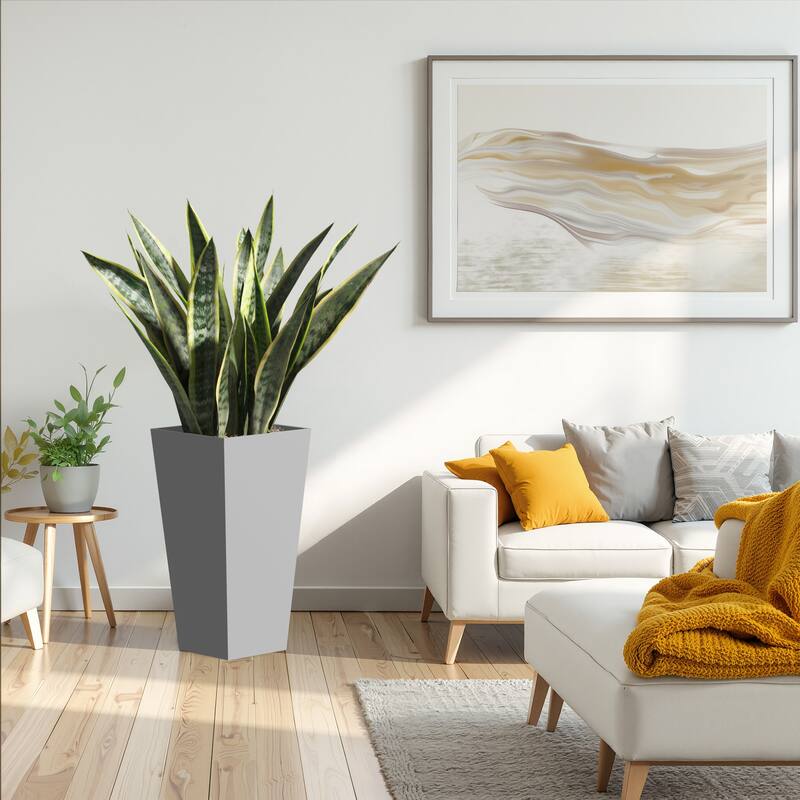 25" H Tall Metal Tapered Planter - Large Outdoor & Indoor Garden Plant Pot with Drainage Hole and Rubber Plug - Grey