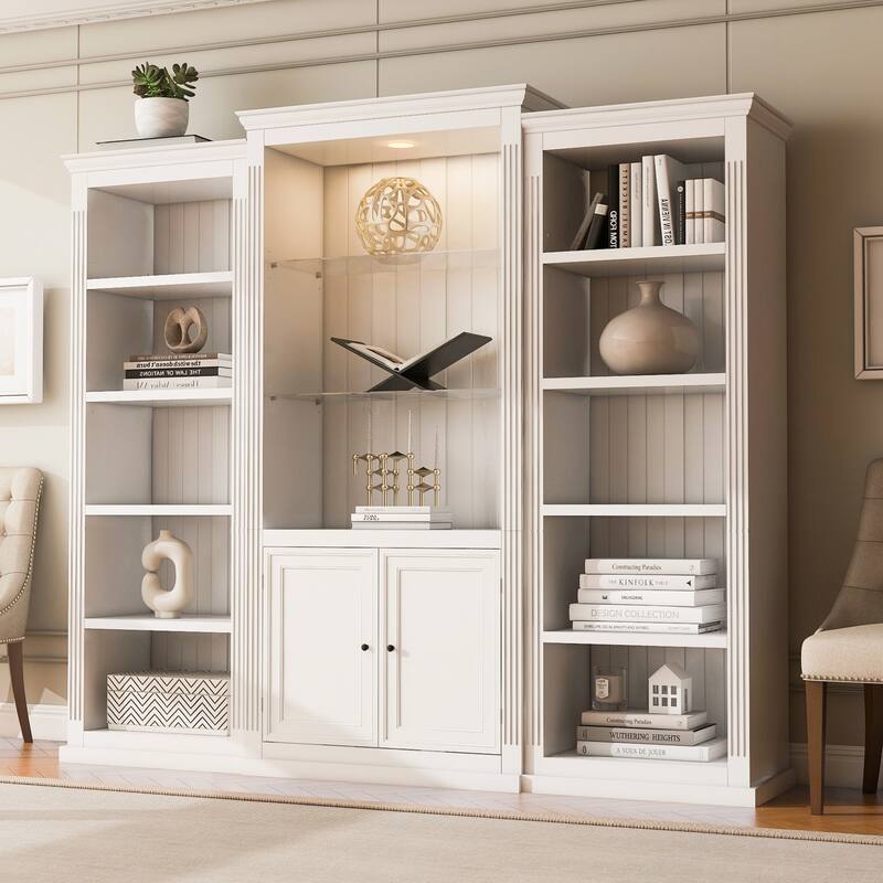 78.75IN Tall 3-Pieces Bookcase Display Cabinet with 5-Color Adjustable LED Ceiling Light and Tempered Glass Shelves