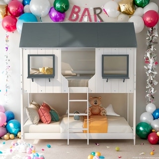 Twin Over Twin Bunk Bed With Roof,Window,Guardrail And Ladder