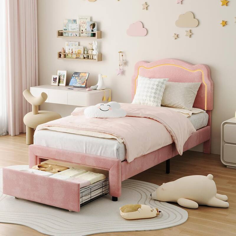 Twin Size Upholstered LED Velvet Platform Bed Frame with Bear-Shaped Headboard, Storage Drawer - Pink