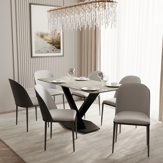 Voren 7-Piece Dining Set 55-Inch Rectangular Sintered Stone Dining Table and 6 Upholstered Chairs with Gold Base