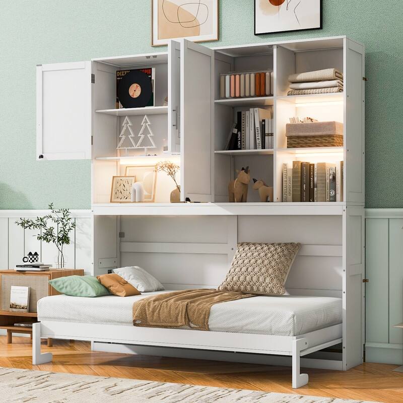 Twin Size Wall Murphy Bed with Top Cabinet, Shelves ,Space Saving Foldable Bed with Light & USB