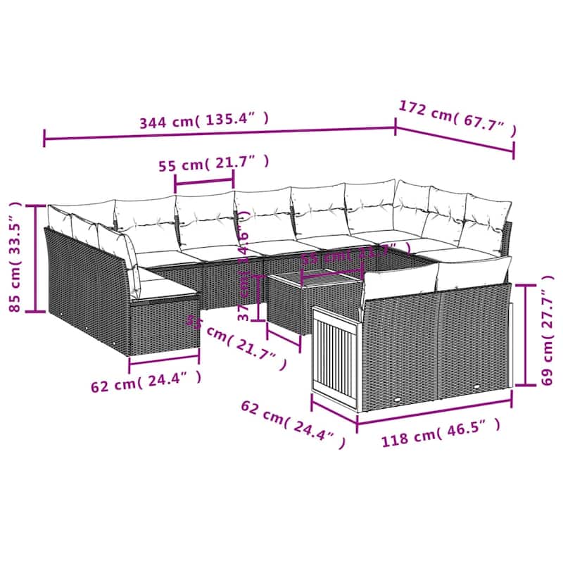 vidaXL 12 Piece Patio Sofa Set with Cushions Black Poly Rattan