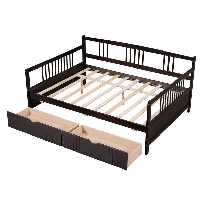 Full Size Daybed Frame with Storage Drawers, Wood Full Bed with 2 Drawers, Full Sofa Bed for Living Room, Bedroom