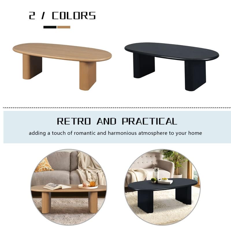 Mieres Wooden Coffee Table, 24" Oval Coffee Table, Small Space Oval Center Table, Cocktail Table with 2 Vertical Thick Feet