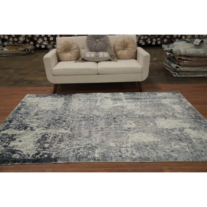 Hand Knotted Oriental Viscose Silk Carpet Modern All-Over Greys & Charcoal Abstract Area Rug - 8' 2'' X 5' 7''