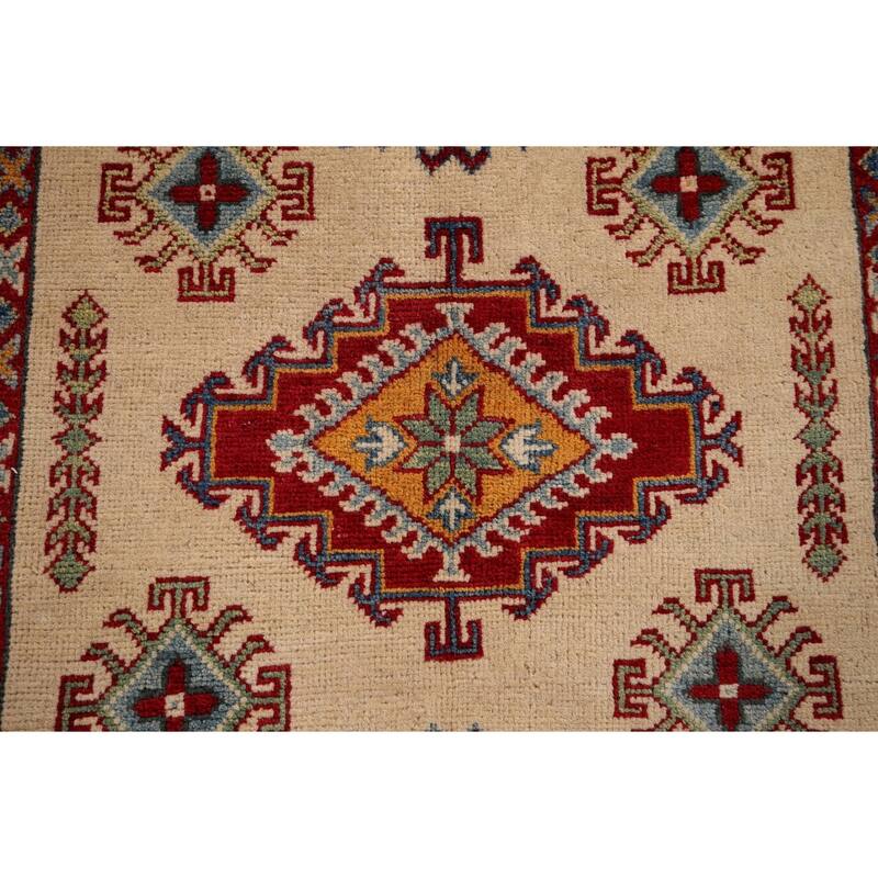Geometric Beige Kazak Accent Rug Hand-Knotted Wool Carpet - 3'3" x 5'1"