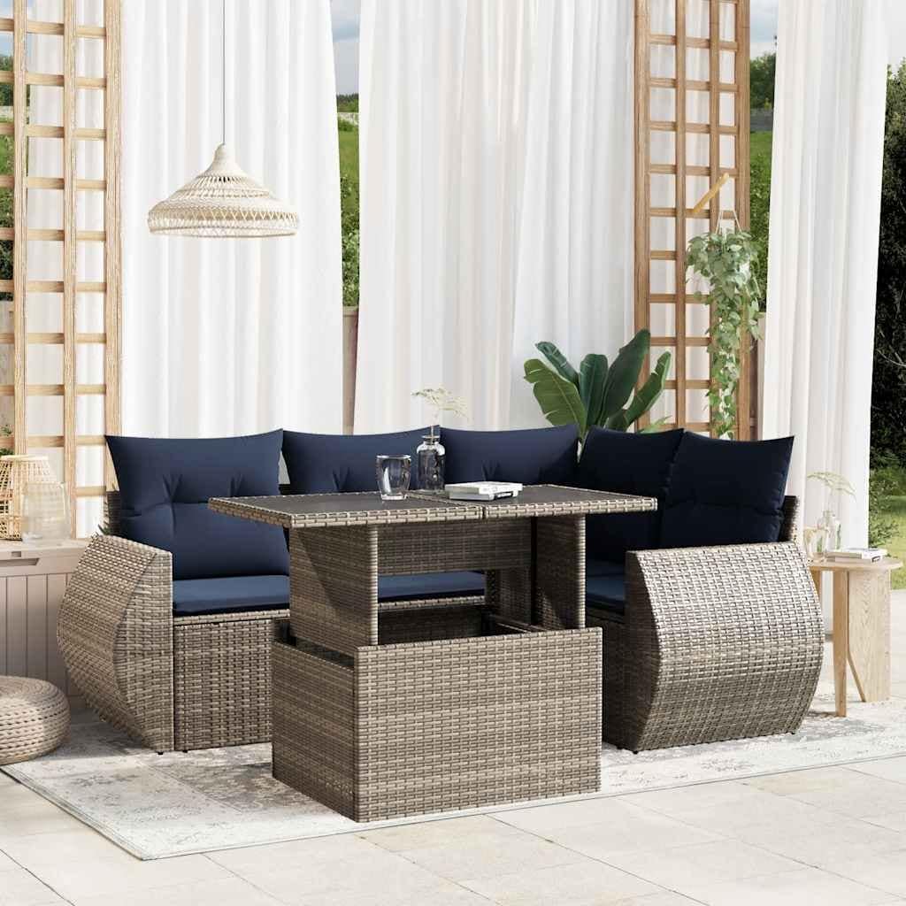 vidaXL Patio Sofa Set with Cushions and Table Outdoor 5 Piece Poly Rattan