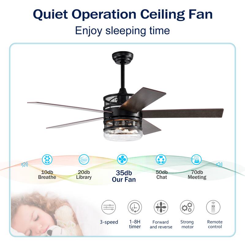 52-inch 5-blade Lighted Ceiling Fan with Remote Control,Glass Shade (Optional Remote) --Matte Black