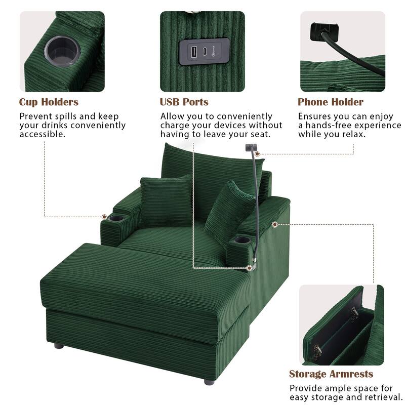 Modern Single Sofa with Movable Ottoman, Hidden Storage, USB Ports, Cup Holders and Phone Holder for Living Room