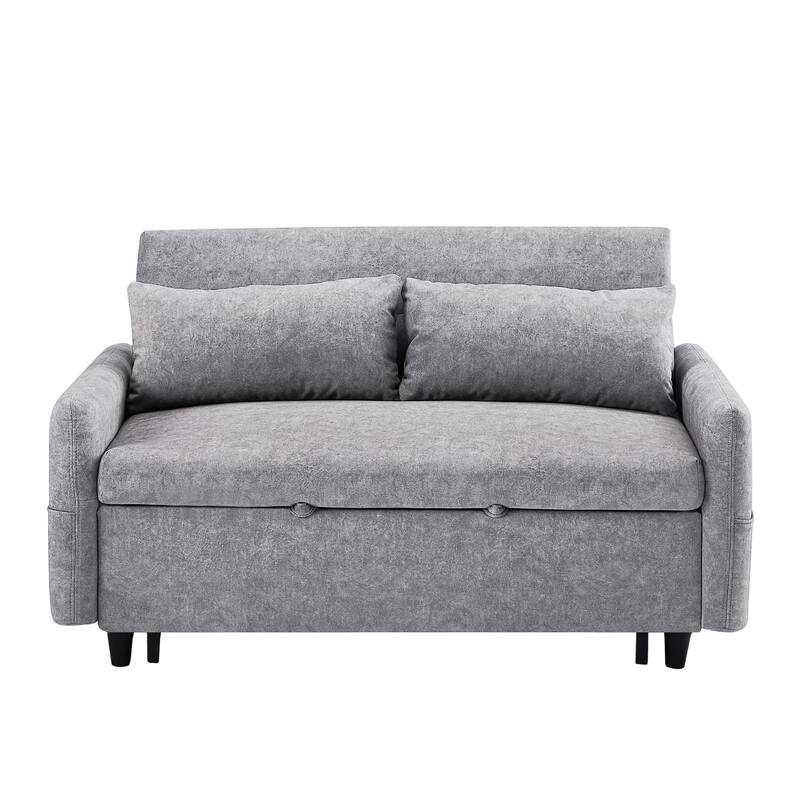 3-in-1 Pull Out Sofa Bed, Couch Bed with Adjsutable Back and Storage Pockets, 2 Seater Sofa with 2 Soft Pillows and USB Ports