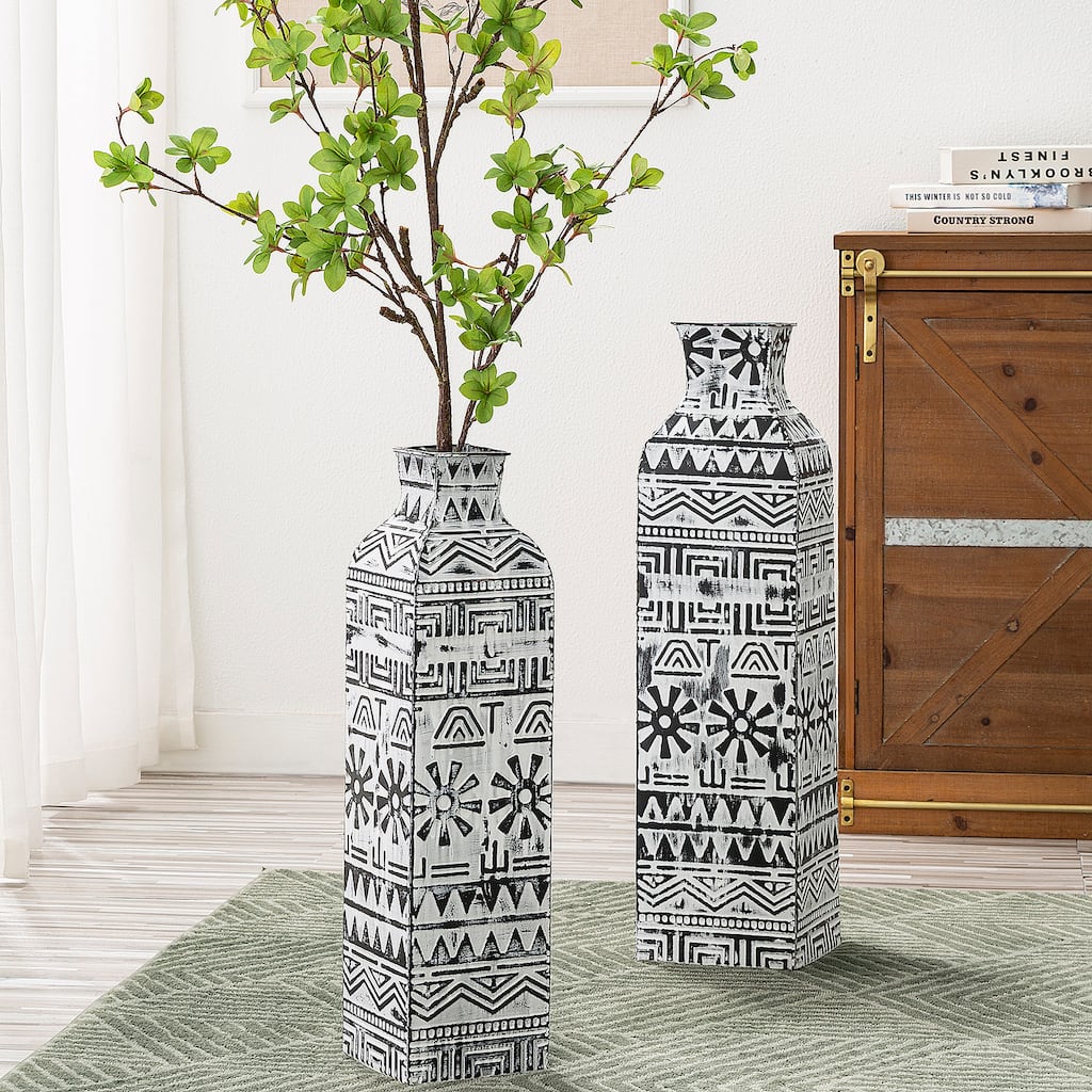 Glitzhome Set of 2 Global/Boho Exotic Textured Metal Table Floor Vases Thanksgiving Decor