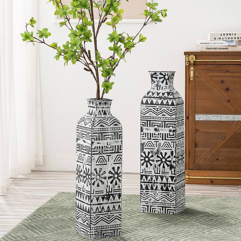 Glitzhome Set of 2 Global/Boho Exotic Textured Metal Table Floor Vases Thanksgiving Decor
