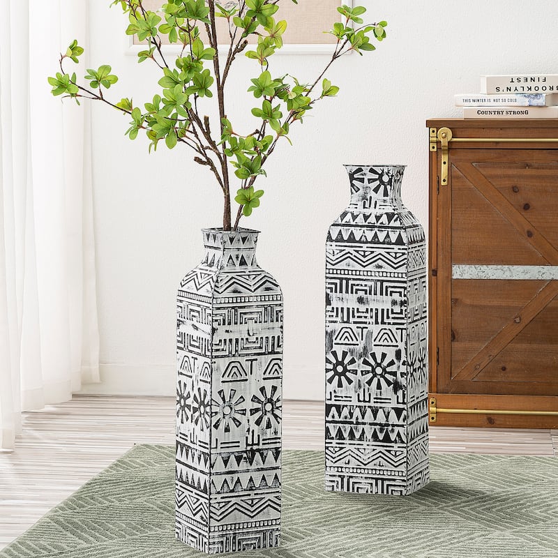 Glitzhome Set of 2 Global/Boho Exotic Textured Metal Table Floor Vases