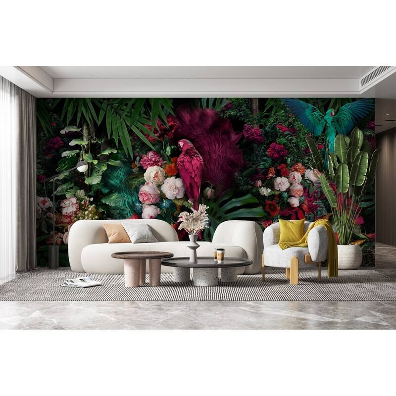 GK Wall Design Colorful Parrot and Peony Flower Wallpaper