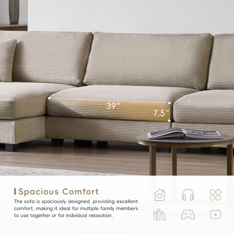Oversized Corduroy Sectional Sofa,L Shaped Cloud Couch with USB Charging Port,Cup Holder,Deep Seat Sofa Bed with 50" Chaise