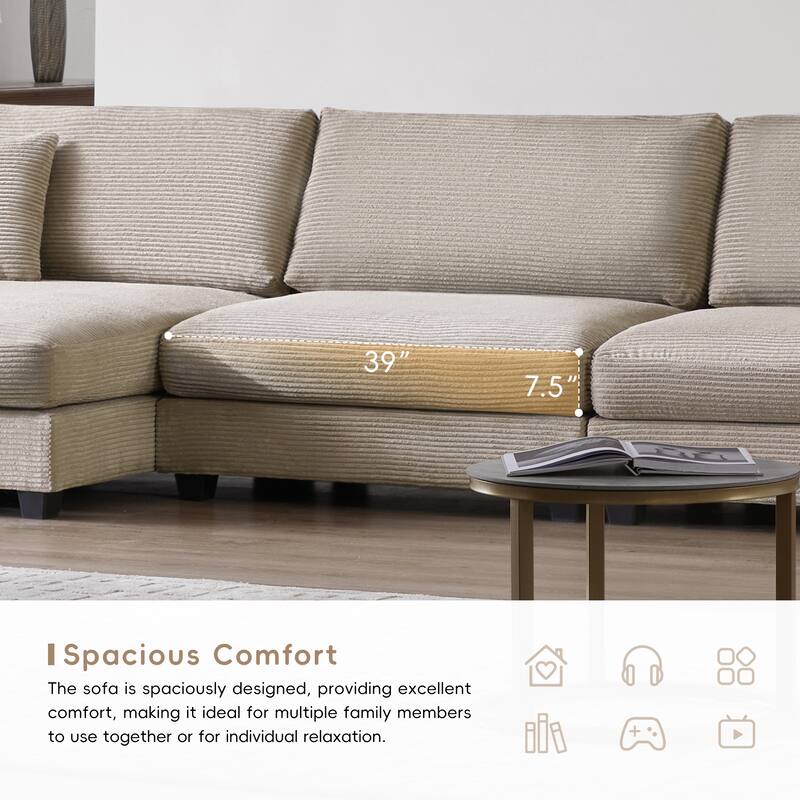 Oversized Corduroy Sectional Sofa with Chaise and USB Port