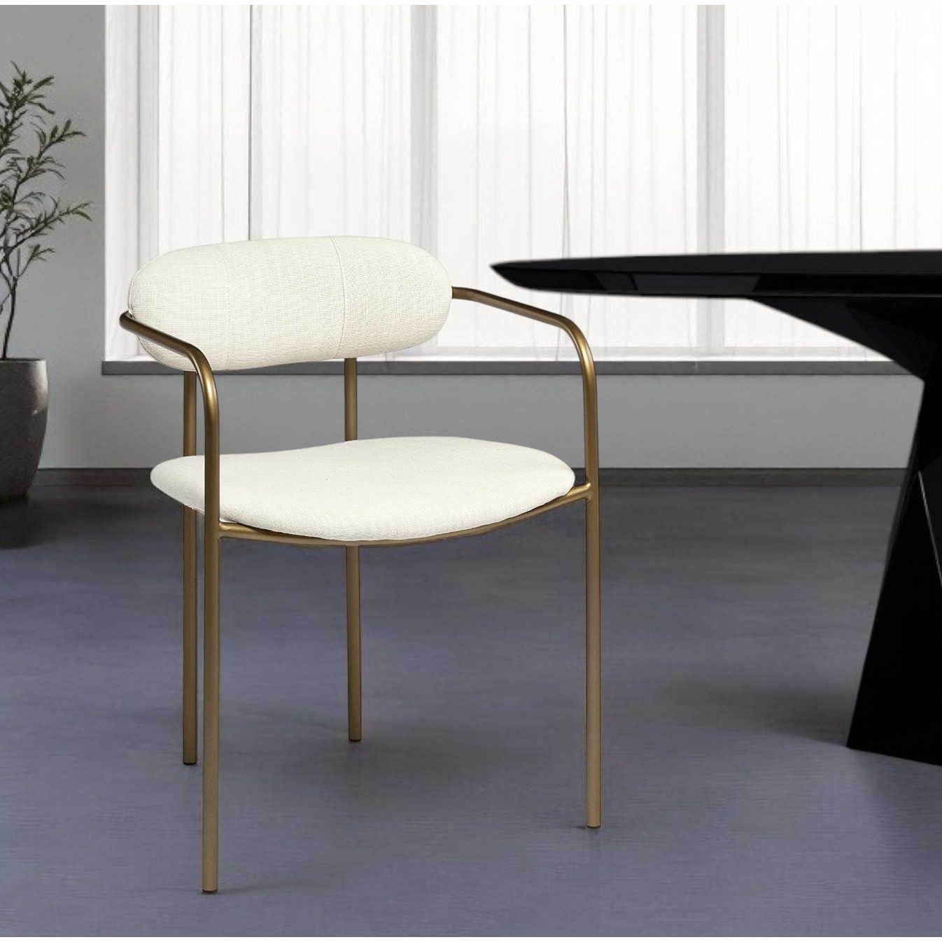 HomeRoots Cream And Gold Upholstered Fabric Open Back Dining Arm Chair - 21.10 in. x 28.70 in. x 21.50 in.
