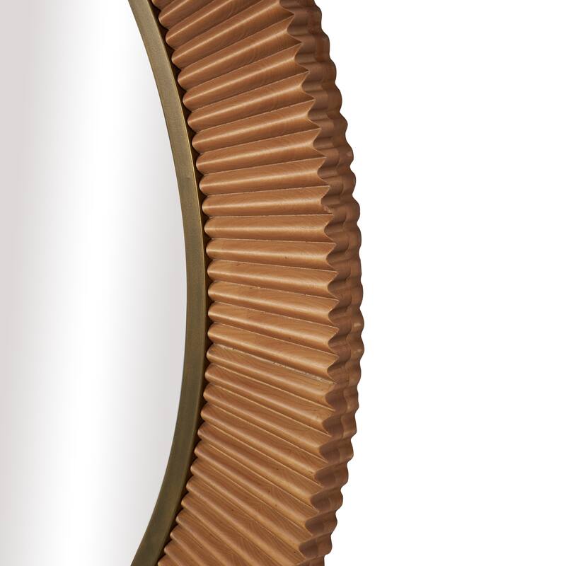 Brown Wood Fluted Room Wall Mirror with Scalloped Edge