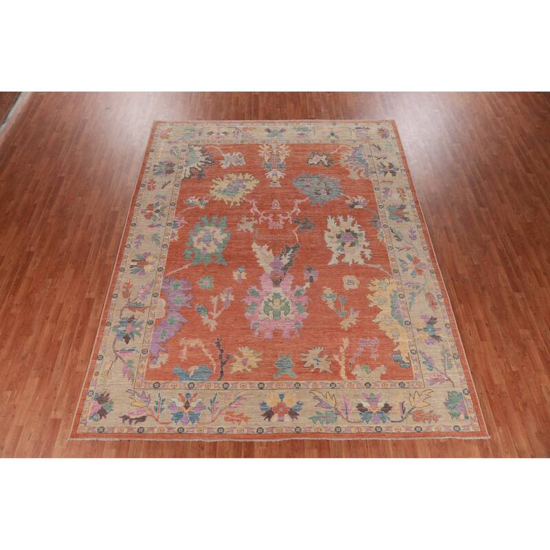 Hand Knotted Oriental 100% Wool Carpet Transitional All-Over Oranges & Rust Oushak Area Rug - 11' 9'' X 9' 4''
