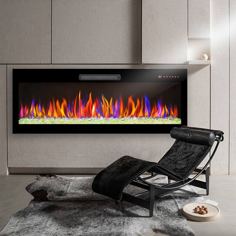 50" Ultra-Thin Wall-Mounted & Recessed Electric Fireplace with Multi-Color Flame, Remote Control, LED Heater