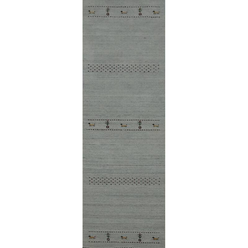 Hand Knotted Oriental 100% Wool Carpet Tribal Animal Pictorial Navy Blue & Blues Gabbeh Runner Rug - 9' 7'' X 2' 4''