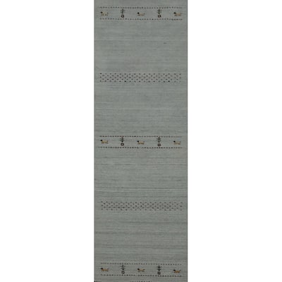 Hand Knotted Oriental 100% Wool Carpet Tribal Animal Pictorial Navy Blue & Blues Gabbeh Runner Rug - 9' 7'' X 2' 4''