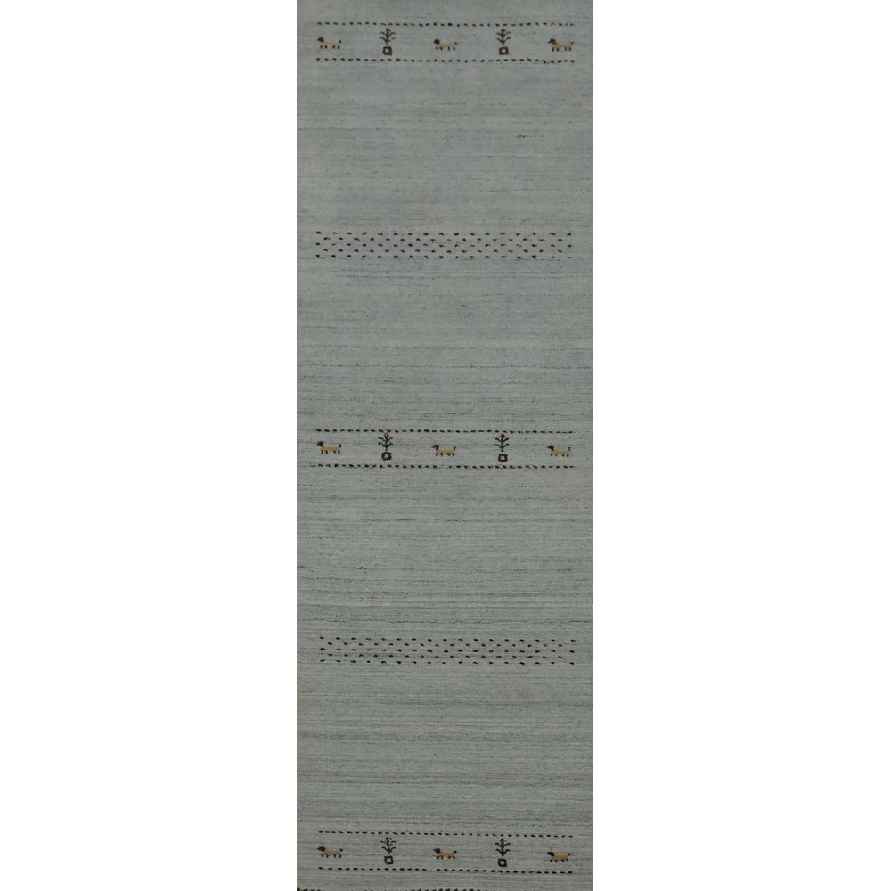 Hand Knotted Oriental 100% Wool Carpet Tribal Animal Pictorial Navy Blue & Blues Gabbeh Runner Rug - 9' 7'' X 2' 4''