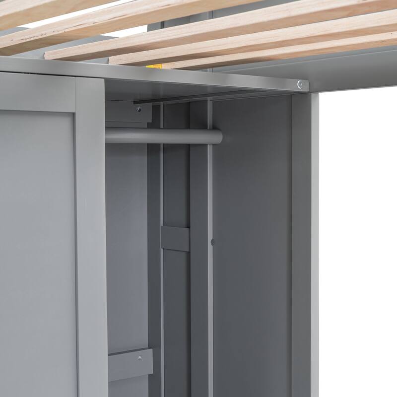 Twin Size Loft Bed with Storage Shelves, Wardrobe, and Built-in Desk, Gray