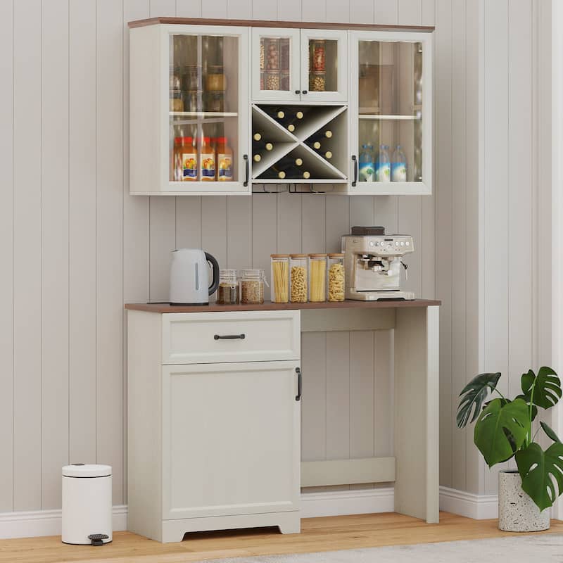Moasis Kitchen Pantry Storage Cabinet with Mini Fridge Storage and Wall Mount Cabinet with Glass Doors - White
