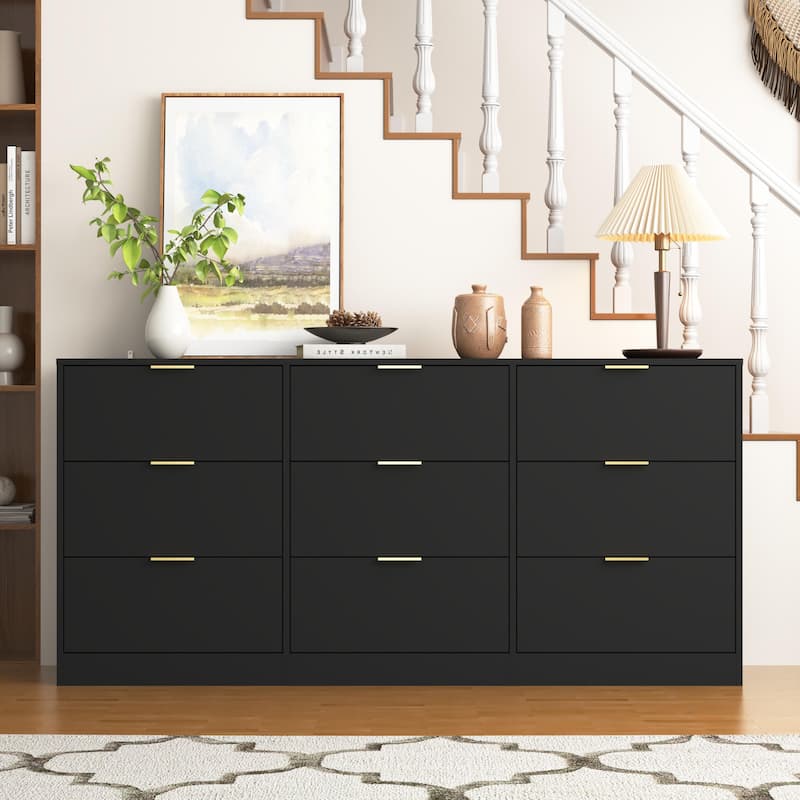 63" Large 9-Drawer Dresser, Deep Wooden Storage Cabinet Chest of Drawers for Bedroom, Living Room & Hallway - Black