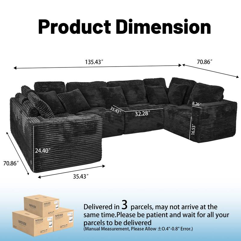 Pet Friendly Corduroy Sleeper Sofa Bed Modular U-Shaped Sectional Sofa with Chaise Lounge, Floor Standing Couch with Pillows