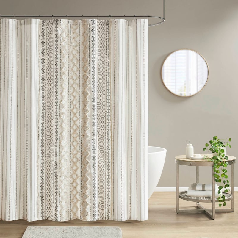 INK+IVY Imani Cotton Printed Shower Curtain with Chenille - Ivory