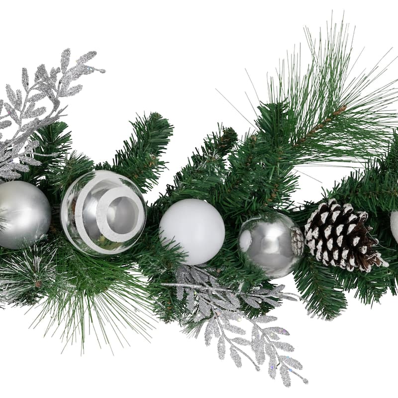 6' Green Pine Needle Garl Pinecones Striped Christmas Ornaments, Unlit