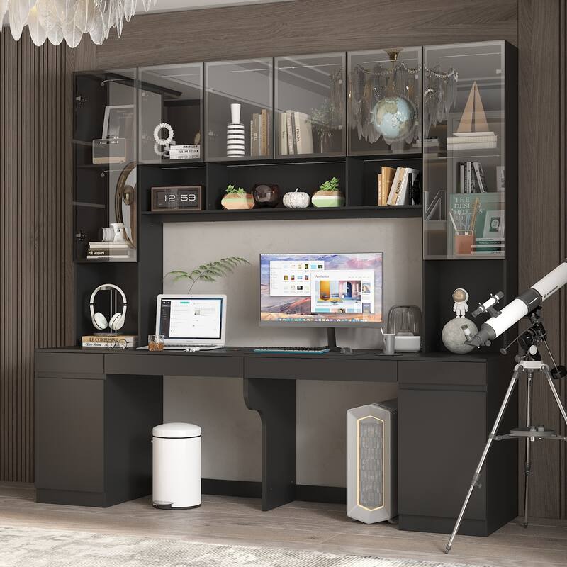 90.6"Illuminated Glass Workstation Productive Workspace Bookshelf Desk