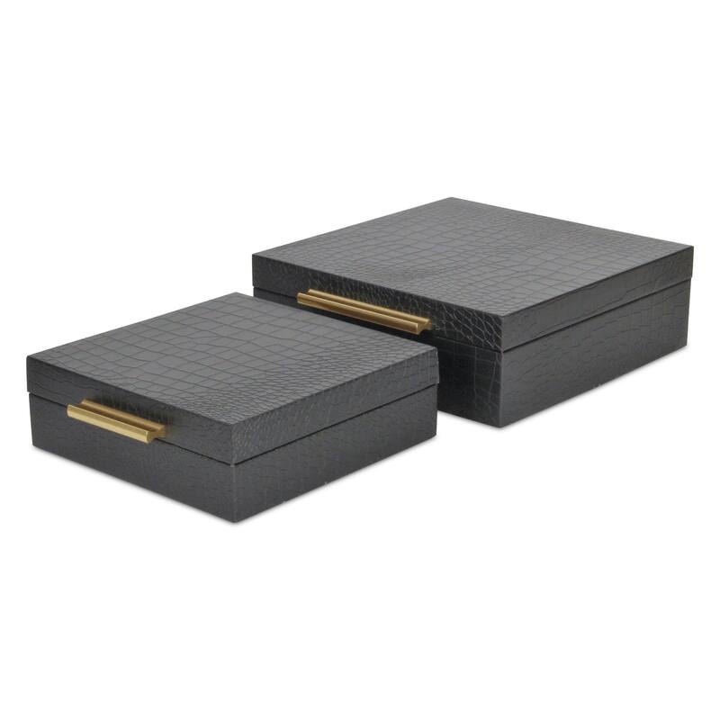 Set of 2 Black Square Faux Croco Decorative Box with Handles 9.75"
