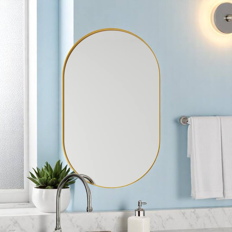 Oval Bathroom Medicine Cabinet 20x34 Inch, Recessed or Wall Mounted Mirror Cabinet with Metal Frame and Storage - Gold